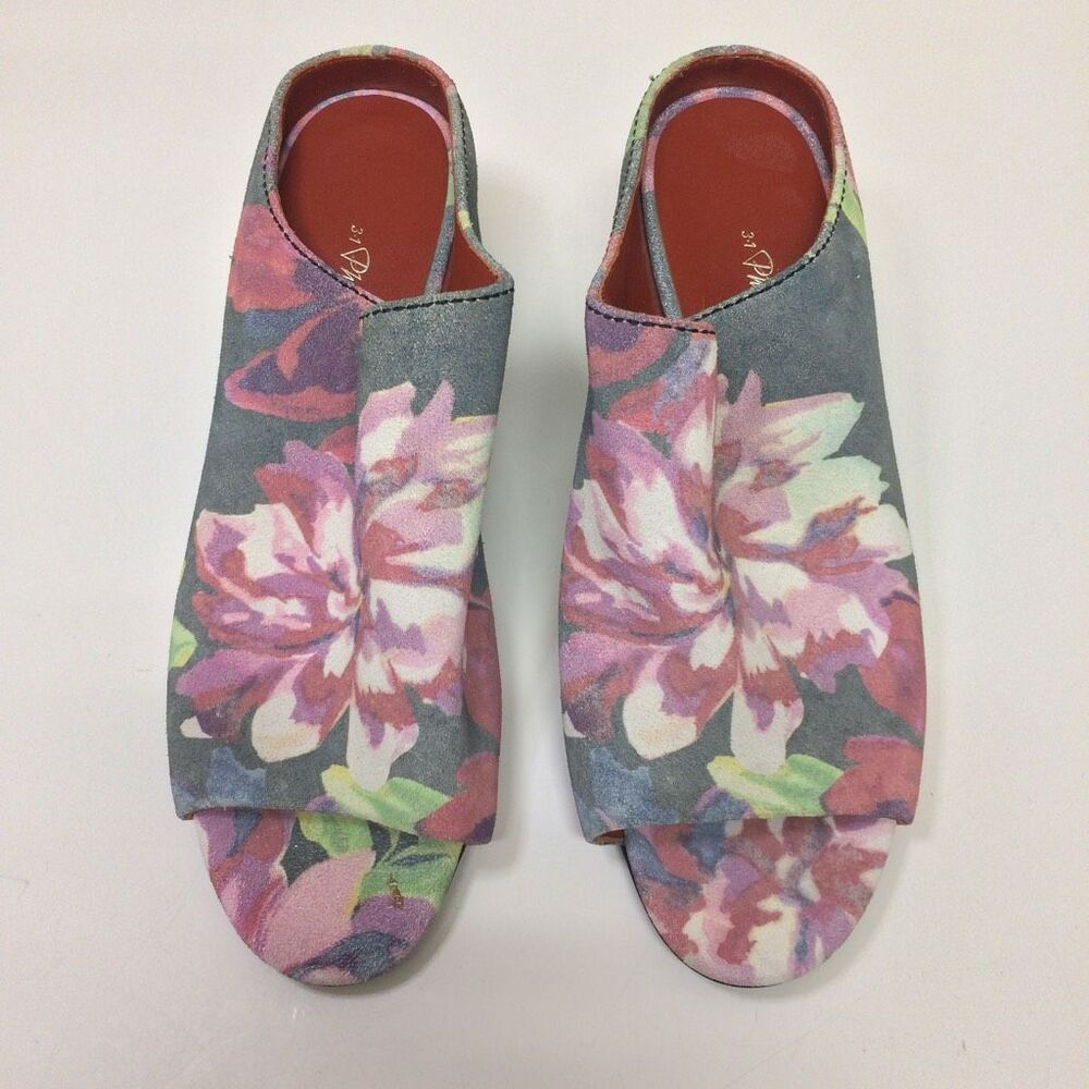 3.1 Phillip Lim Cube Mules in a grey floral denim 37